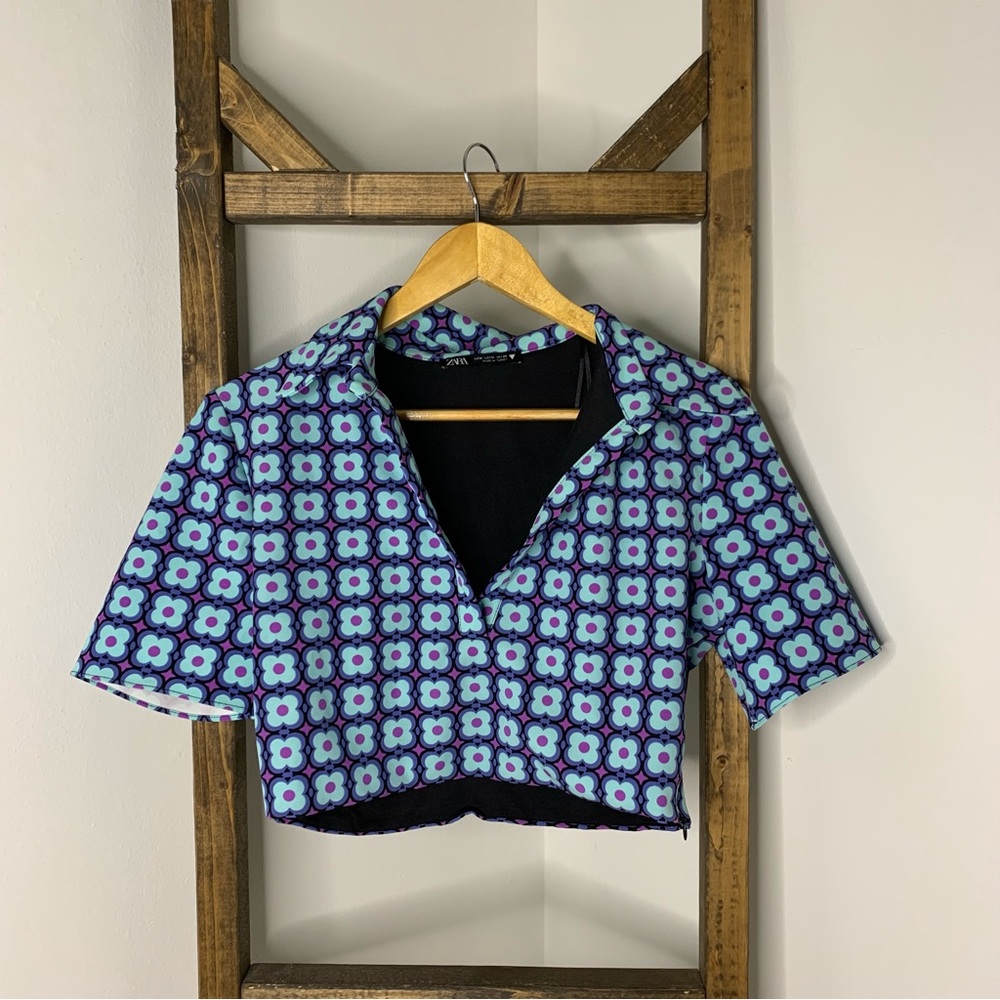 Zara Black Top with Blue and Purple Floral Accents Size M